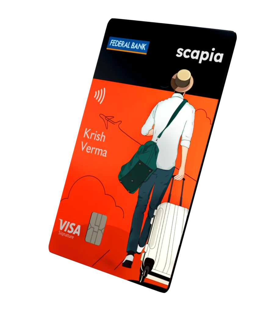 a credit card with a person walking with a bag