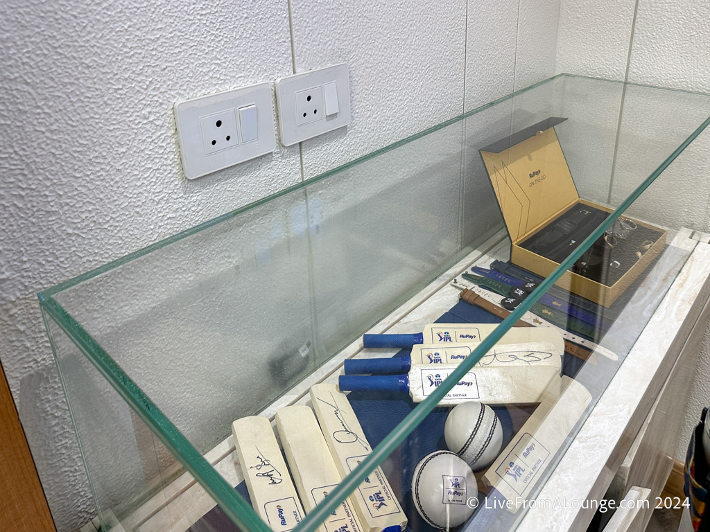 a glass case with cricket equipment and a box