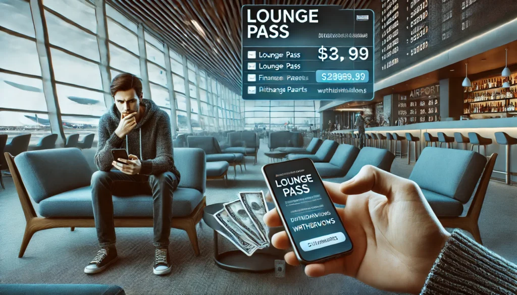 a person holding a phone in front of a lounge pass