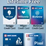 The image shows a promotional advertisement for HDFC Bank credit cards, labeled as "Lifetime Free." It features five different credit card designs: Swiggy, Millennia, BizGrow, IRCTC, and Pixel. Each card has the HDFC Bank logo and distinct branding related to its name.