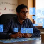 a man sitting at a desk looking at a map