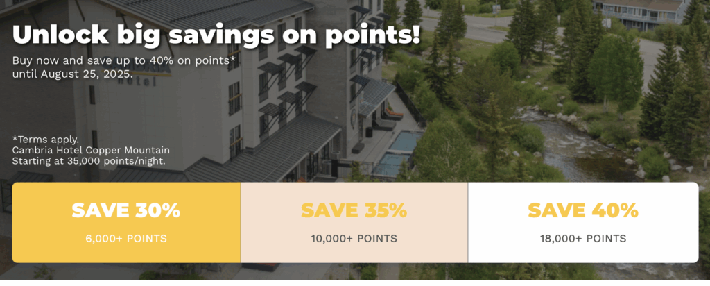 The image is an advertisement for a hotel promotion. It features a background of a hotel building with a pool and a scenic view of trees and a river. The text overlay reads, "Unlock big savings on points! Buy now and save up to 40% on points* until August 25, 2025." It mentions terms apply and references the Cambria Hotel Copper Mountain, starting at 35,000 points per night. There are three savings options: "Save 30% with 6,000+ points," "Save 35% with 10,000+ points," and "Save 40% with 18,000+ points."