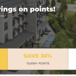 The image is an advertisement for a hotel promotion. It features a background of a hotel building with a pool and a scenic view of trees and a river. The text overlay reads, "Unlock big savings on points! Buy now and save up to 40% on points* until August 25, 2025." It mentions terms apply and references the Cambria Hotel Copper Mountain, starting at 35,000 points per night. There are three savings options: "Save 30% with 6,000+ points," "Save 35% with 10,000+ points," and "Save 40% with 18,000+ points."