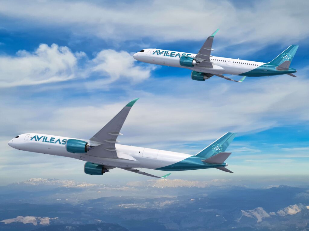 The image shows two airplanes flying in the sky. Both planes have a white and teal color scheme with the word "AVILEASE" written on the side. The sky is mostly clear with some clouds, and there are mountains visible below.