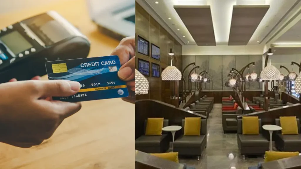 The image is split into two sections. On the left, a person is holding a credit card near a payment terminal. On the right, there is an interior view of a modern lounge with comfortable seating, tables, and decorative lighting.