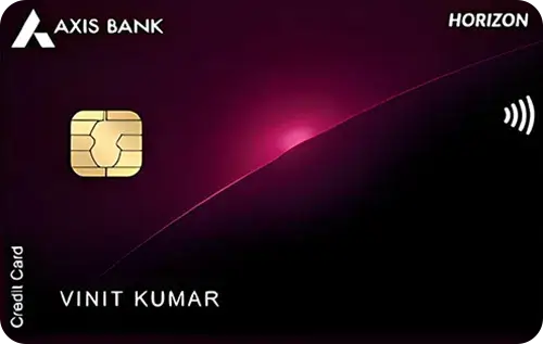 The image shows a credit card with a dark purple and black gradient design. The card features the Axis Bank logo in the top left corner and the word "HORIZON" in the top right corner. There is a chip on the left side and a contactless symbol on the right. The name "VINIT KUMAR" is printed at the bottom left, with "Credit Card" written vertically along the left edge.