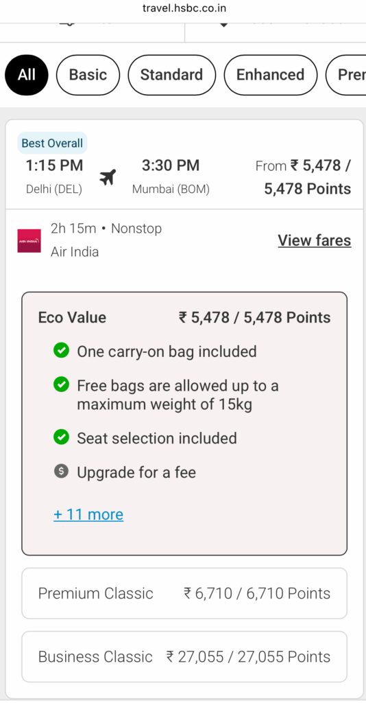 The image is a screenshot of a flight booking page from travel.hsbc.co.in. It shows a flight from Delhi (DEL) to Mumbai (BOM) with Air India, departing at 1:15 PM and arriving at 3:30 PM. The flight duration is 2 hours and 15 minutes and is nonstop. The "Eco Value" fare is priced at ₹5,478 or 5,478 points, including one carry-on bag, free checked bags up to 15 kg, and seat selection. Upgrades are available for a fee. There are options for "Premium Classic" at ₹6,710 and "Business Classic" at ₹27,055.
