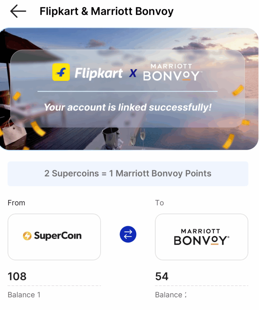 The image shows a notification screen from a mobile app indicating that a user's Flipkart account is successfully linked with Marriott Bonvoy. The background features a scenic view of a sunset over water. The text states that 2 Supercoins equal 1 Marriott Bonvoy Point. Below, there is a conversion section showing 108 Supercoins being converted to 54 Marriott Bonvoy Points.