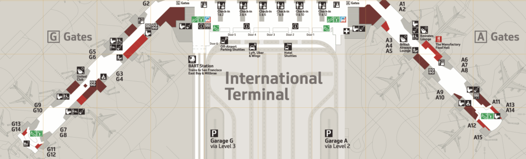 This image is a map of an international airport terminal. It shows the layout of Gates A and G, with various amenities and services marked, such as lounges, food halls, and check-in areas. The map includes symbols for restrooms, ATMs, and shuttle services. There are also indications for transportation options like BART Station and parking garages. The terminal's pathways and gate numbers are clearly labeled.