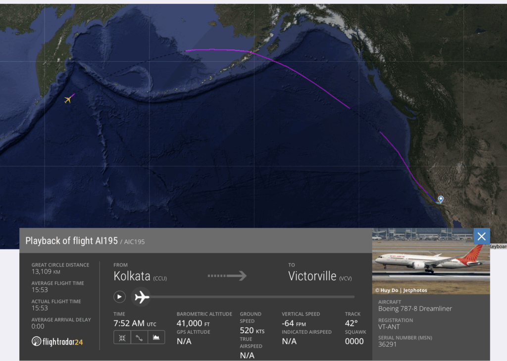 The image shows a flight tracking map from Flightradar24, displaying the route of flight AI195 from Kolkata (CCU) to Victorville (VCV). The map highlights the flight path over the Pacific Ocean, with a yellow airplane icon indicating the current position. The flight details include a great circle distance of 13,109 km, an average flight time of 15:53, and a barometric altitude of 41,000 feet. The aircraft is a Boeing 787-8 Dreamliner with registration VT-ANT. An inset photo of the aircraft is also visible.