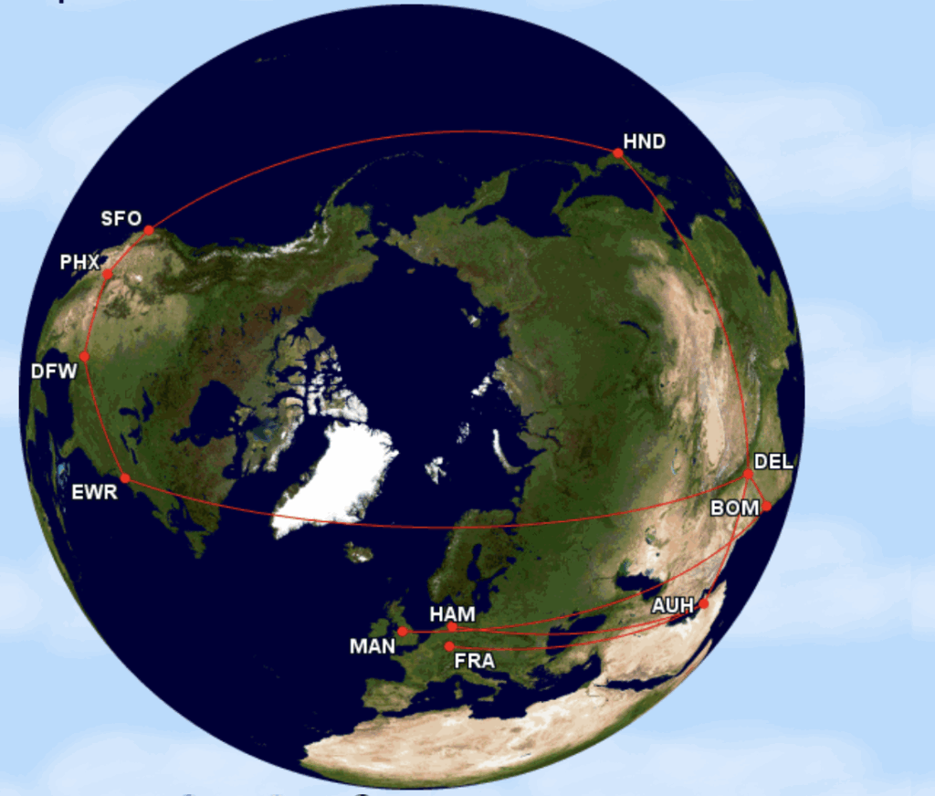 A map showing a flight path across the Northern Hemisphere. The route connects several cities, marked by red dots and labeled with airport codes: SFO, PHX, DFW, EWR, MAN, HAM, FRA, AUH, BOM, DEL, and HND. The path forms a loop over North America, Europe, and Asia.