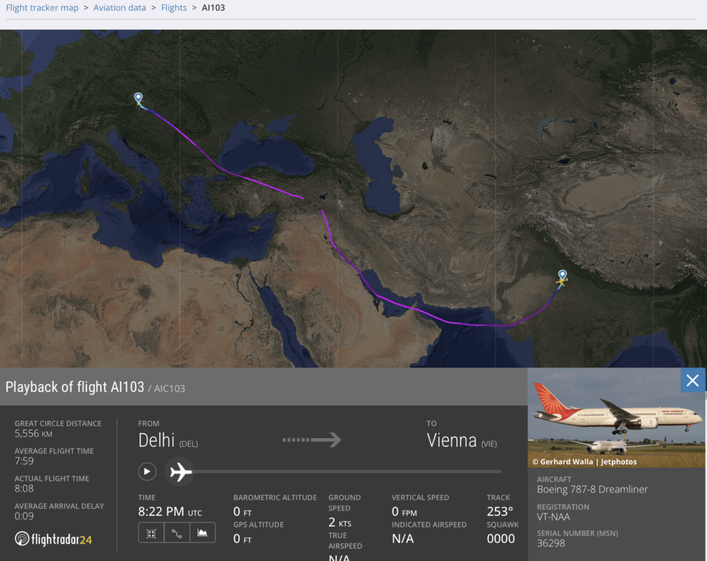 The image is a screenshot from a flight tracking website showing the playback of flight AI103 from Delhi to Vienna. The map displays the flight path in purple, stretching from India to Europe. The flight details include a great circle distance of 5,556 km, an average flight time of 7 hours and 59 minutes, and an actual flight time of 8 hours and 8 minutes. The departure time is 8:22 PM UTC. The aircraft is a Boeing 787-8 Dreamliner with registration VT-NAA. The image also includes a photo of the aircraft in the bottom right corner.
