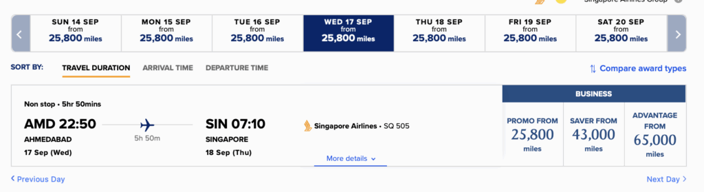 The image shows a flight booking interface for Singapore Airlines. It displays flight details from Ahmedabad (AMD) to Singapore (SIN) on Wednesday, 17th September. The flight departs at 22:50 and arrives at 07:10 the next day, with a non-stop duration of 5 hours and 50 minutes. The flight number is SQ 505. The interface also shows award miles required for booking in business class: 25,800 miles for promo, 43,000 miles for saver, and 65,000 miles for advantage. There are options to sort by travel duration, arrival time, and departure time, and to compare award types. Navigation options for previous and next days are also visible.
