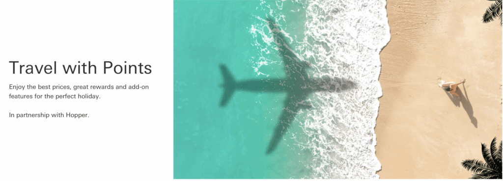 The image features a beach scene with turquoise water and white waves on the left, and a sandy beach on the right. A shadow of an airplane is cast over the water and sand. A person is lying on the beach, and palm leaves are visible in the bottom right corner. The text on the left reads: "Travel with Points. Enjoy the best prices, great rewards and add-on features for the perfect holiday. In partnership with Hopper."