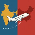 Illustration of an airplane flying between stylized maps of India and China. The background is divided into two halves, with India in yellow on a blue background and China in red on a red background. A dashed line indicates the flight path.