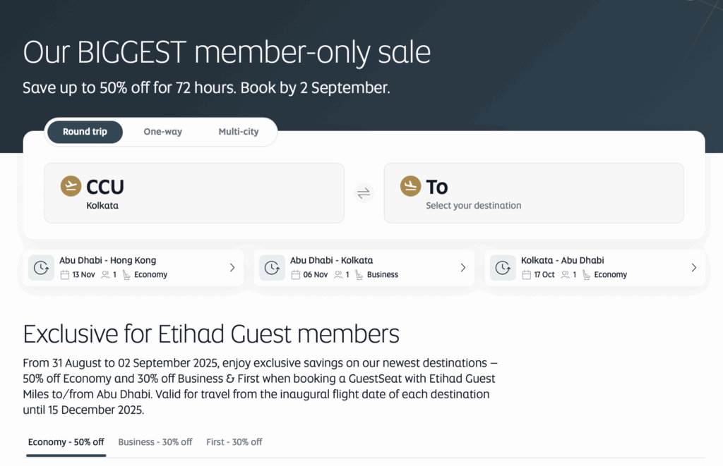 The image is an advertisement for a member-only sale by Etihad Airways, offering up to 50% off for 72 hours, with a booking deadline of September 2. It features a flight booking interface with options for round trip, one-way, and multi-city. The departure city is Kolkata (CCU), and the destination is to be selected. There are example flights listed: Abu Dhabi to Hong Kong on November 13 in Economy, Abu Dhabi to Kolkata on November 6 in Business, and Kolkata to Abu Dhabi on October 17 in Economy. The sale is exclusive to Etihad Guest members, with discounts of 50% off Economy and 30% off Business and First class for travel from August 31 to December 15, 2025.