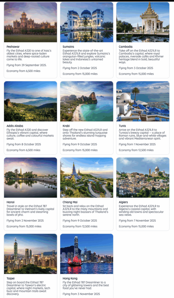 The image is a promotional flyer featuring various travel destinations offered by Etihad Airways. Each destination is accompanied by a scenic photograph and a brief description. The destinations include Peshawar, Sumatra, Cambodia, Addis Ababa, Krabi, Tunis, Hanoi, Chiang Mai, Algiers, Taipei, and Hong Kong. Each entry provides details about the flight start date and the economy class mileage required.