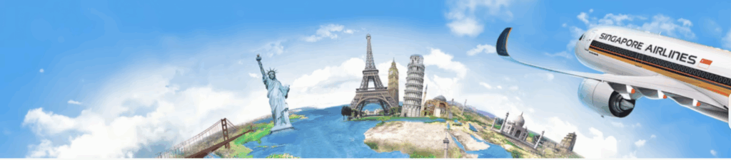 The image features a stylized globe with famous landmarks, including the Statue of Liberty, Eiffel Tower, Big Ben, Leaning Tower of Pisa, and the Taj Mahal. A Singapore Airlines plane is flying in the sky above the globe. The background is a bright blue sky with clouds.