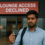 A man stands in front of a door with a sign above it that reads "LOUNGE ACCESS DECLINED." He is holding a card in his hand and has a disappointed expression. He is wearing a light blue shirt and has a backpack over one shoulder.