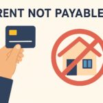 Illustration showing a hand holding a credit card on the left. On the right, there is an image of a house with a red prohibition symbol over it. Above, the text reads "RENT NOT PAYABLE."