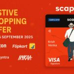 The image is a promotional advertisement for a "Festive Shopping Offer" running from 22 to 26 September 2025. It features logos of online shopping platforms like Amazon, Flipkart, Myntra, and Nykaa. On the right side, there is an illustration of a person with a suitcase and a bag, depicted on a card labeled "Federal Bank" and "scapia," with the name "Krish Verma" and "VISA Signature" at the bottom. The background is red with festive elements.