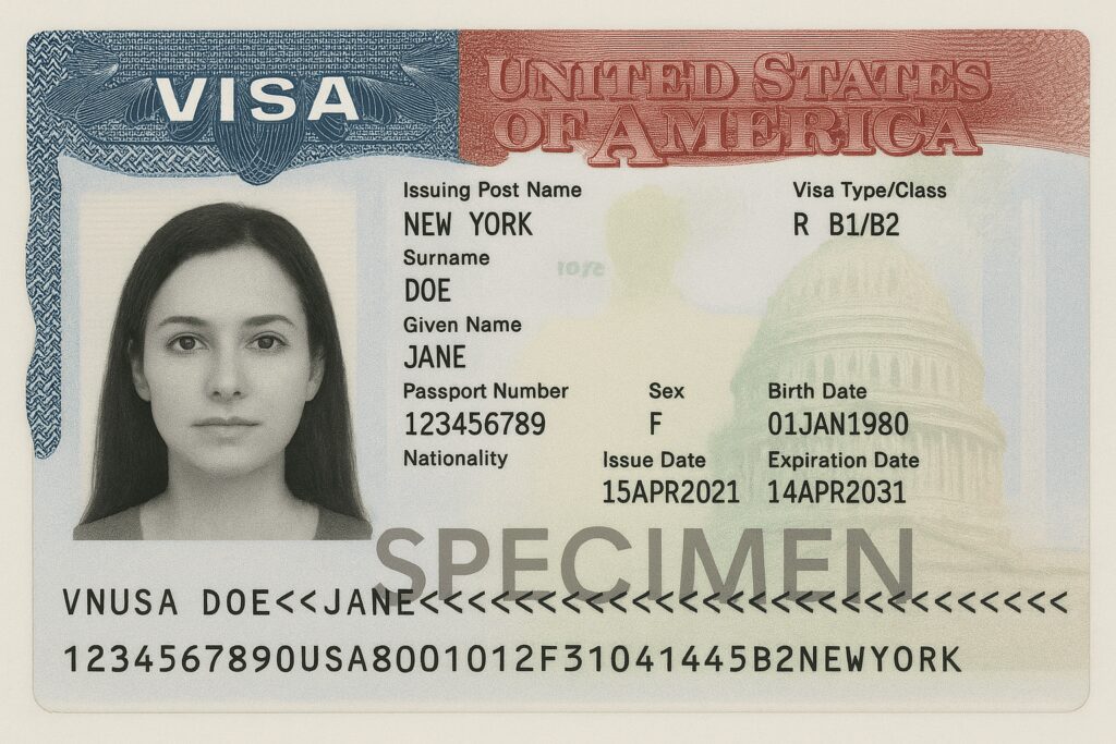 This image shows a sample of a United States visa. It includes a photo of a person on the left and various details on the right, such as issuing post name, surname, given name, passport number, nationality, sex, birth date, visa type/class, issue date, and expiration date. The word "SPECIMEN" is printed across the bottom. The background features a faint image of the U.S. Capitol building.