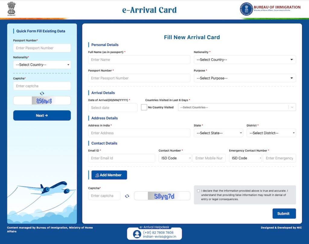 The image shows an online e-Arrival Card form for the Bureau of Immigration, Ministry of Home Affairs, Government of India. The form is divided into sections for filling existing data and a new arrival card. It includes fields for personal details, arrival details, address details, and contact details. There are dropdown menus for nationality, purpose, and countries visited, as well as fields for passport number, date of arrival, address, email, and contact numbers. Captcha fields are present for verification. A graphic of an airplane is on the left side, and there is a helpdesk contact at the bottom.