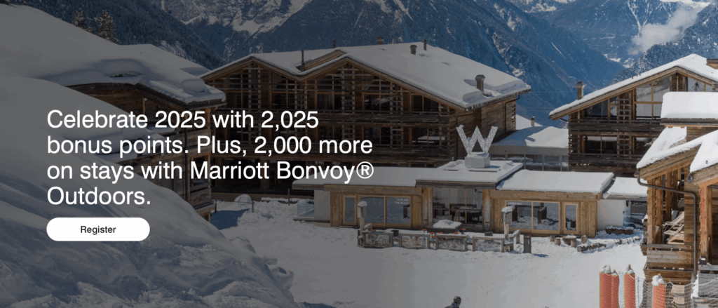 A snowy mountain resort scene with wooden lodges covered in snow. The background features snow-capped mountains under a clear blue sky. Text on the left reads: "Celebrate 2025 with 2,025 bonus points. Plus, 2,000 more on stays with Marriott Bonvoy® Outdoors." There is a "Register" button below the text.