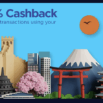 The image is an advertisement featuring a promotional offer for a RuPay JCB Card. It shows a colorful collage of iconic landmarks, including skyscrapers, a traditional pagoda, a torii gate, and a mountain resembling Mount Fuji. There are cherry blossom trees and a bright orange sun with a bird silhouette in the sky. The text reads, "Get 25% Cashback on completing 2 transactions using your RuPay JCB Card."