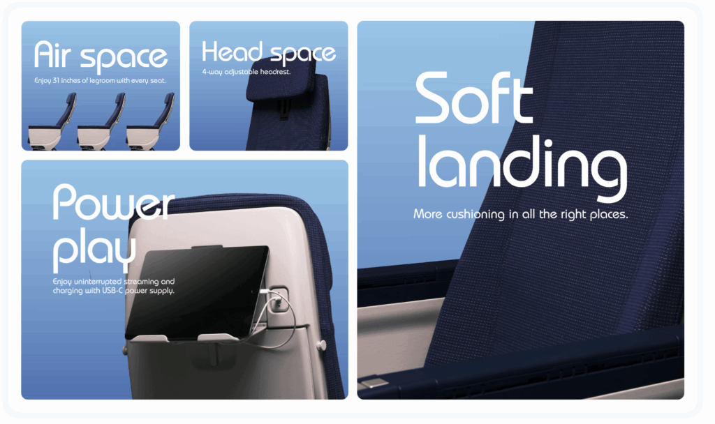 The image is a promotional graphic for airplane seats, highlighting various features. It is divided into four sections:
1. "Air space" shows three side views of airplane seats, emphasizing 31 inches of legroom.
2. "Head space" displays a close-up of an adjustable headrest, described as 4-way adjustable.
3. "Power play" features a tablet connected to a USB-C power supply on the back of a seat, promoting uninterrupted streaming and charging.
4. "Soft landing" shows a close-up of a cushioned seat, highlighting more cushioning in all the right places. The background is a gradient of blue.