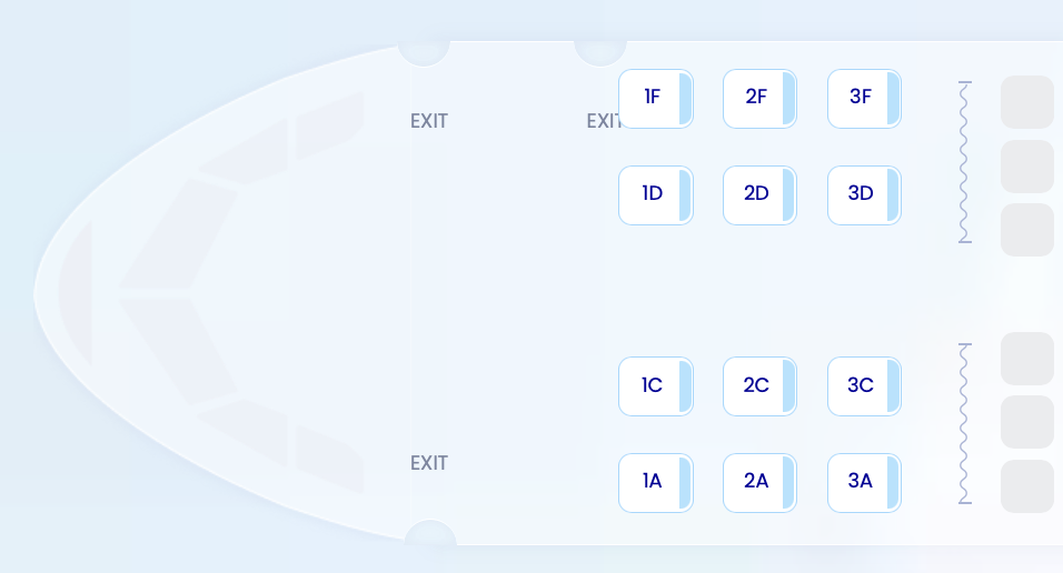 The image is a seating chart of an airplane's first-class section. It shows three rows labeled 1 to 3, with seats labeled A, C, D, and F. The layout includes two aisles and exits at the front and middle of the section.
