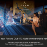 The image features a luxurious setting with four people. In the center, a person in a shiny robe is seated on a bed, flanked by two others in elegant attire. One is holding a large decorative fan. A person in a suit stands to the right, holding a tray with a cloche. In the background, a musician plays a double bass. The room is dimly lit with dramatic blue lighting and a peacock mural on the wall. The text at the top reads "CLUB ITC Feel Rewarded," and at the bottom, it announces the availability of Club ITC Gold Membership for members with Gold or higher status in hotel or airline loyalty programs.