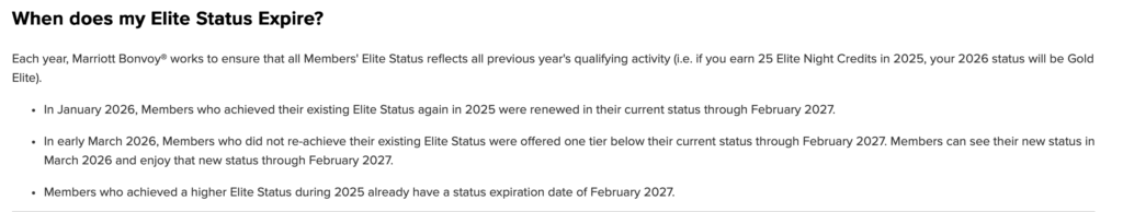 The image is a text document titled "When does my Elite Status Expire?" It explains the Marriott Bonvoy Elite Status renewal process. Key points include:

- Members who maintain their Elite Status in 2025 will have it renewed through February 2027.
- Members who do not maintain their status will be downgraded one tier, effective through February 2027, with changes visible in March 2026.
- Members who achieve a higher status in 2025 will have an expiration date of February 2027.