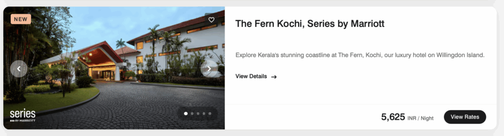 The image shows a promotional display for "The Fern Kochi, Series by Marriott." On the left, there is a photo of the hotel entrance with a well-lit, modern design, surrounded by lush greenery and a paved driveway. On the right, there is text describing the hotel as a luxury destination on Willingdon Island in Kerala, with a nightly rate of 5,625 INR. There are options to view details and rates.