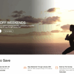 The image features a silhouette of a person practicing yoga in a warrior pose against a sunset backdrop over the ocean. Text on the image promotes a "20% Off Weekends" offer for last-minute getaways at over 3,700 participating properties, with a booking deadline for stays through January 25th. There are buttons labeled "Book Now" and "Terms Apply." Below, there are details on how to save, including member discounts, weekend stay tips, and booking conditions.