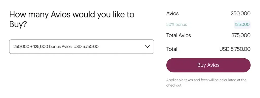 The image shows a purchase interface for buying Avios points. It asks, "How many Avios would you like to Buy?" with a dropdown menu displaying "250,000 + 125,000 bonus Avios: USD 5,750.00." On the right, it details the purchase: 250,000 Avios, a 50% bonus of 125,000 Avios, totaling 375,000 Avios. The total cost is USD 5,750.00. There is a maroon button labeled "Buy Avios," and a note mentions that applicable taxes and fees will be calculated at checkout.