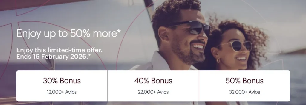 The image shows a promotional banner featuring a smiling couple wearing sunglasses, enjoying a sunny day on a boat. The text on the banner reads "Enjoy up to 50% more*," with a note about a limited-time offer ending on February 16, 2026. Below, there are three bonus options: "30% Bonus" for 12,000+ Avios, "40% Bonus" for 22,000+ Avios, and "50% Bonus" for 32,000+ Avios.