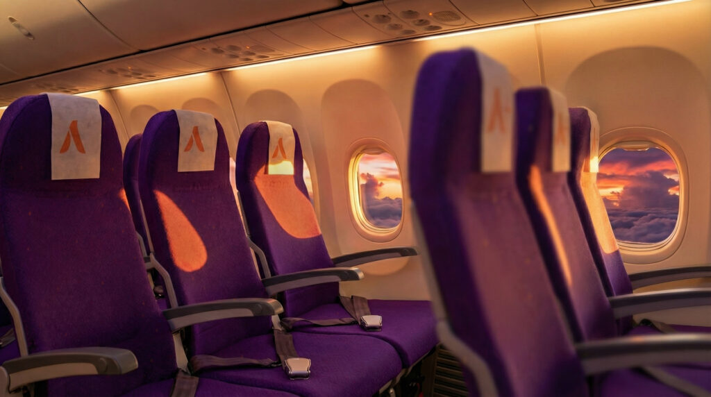 a row of purple seats in an airplane