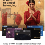 The image features a woman in a red flamenco dress with a flower in her hair, standing with her hands together in front of her. She is identified as an Andalusian Flamenco Dancer from Spain. In the background, there are other dancers in similar red dresses. The text "A toast to global belonging" is displayed at the top. Below, there are several HDFC Bank credit cards, including BizBlack, Diners Club International, and Marriott Bonvoy. The bottom text mentions a 100% waiver on markup fees for 3+ international POS transactions.