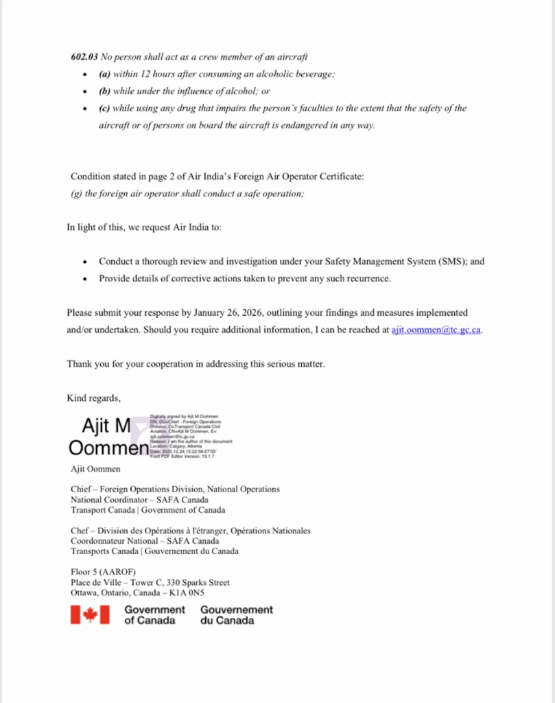 The image is a letter from Transport Canada addressed to Air India. It references regulations prohibiting crew members from operating an aircraft under the influence of alcohol or drugs. The letter requests Air India to conduct a review and provide corrective actions to ensure safety. It is signed by Ajit Oommen, Chief of the Foreign Operations Division, National Operations, Transport Canada. The letter includes contact information and features the Government of Canada logo.