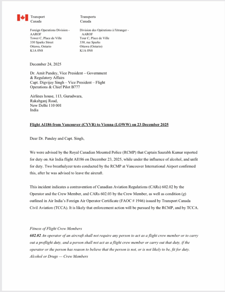 This image shows a letter from Transport Canada, dated December 24, 2025. It is addressed to Dr. Amit Pandey and Capt. Digvijay Singh in New Delhi, India. The letter discusses an incident involving Captain Saurabh Kumar, who reported for duty on Air India flight AI186 on December 23, 2025, while under the influence of alcohol. The Royal Canadian Mounted Police (RCMP) conducted breathalyzer tests at Vancouver International Airport, confirming the condition. The letter mentions a contravention of Canadian Aviation Regulations and indicates potential enforcement action by the RCMP and Transport Canada Civil Aviation. The letter also references regulations regarding the fitness of flight crew members.
