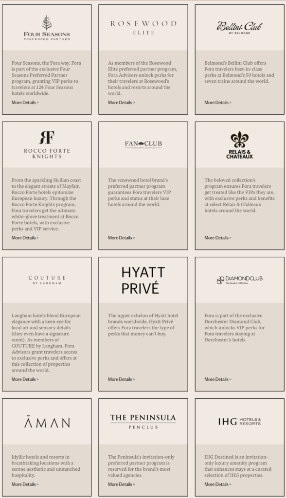 The image is a grid of twelve cards, each representing a luxury hotel brand's preferred partner program. Each card includes the brand's logo, a brief description of the program's benefits for travelers, and a "More Details" link. The brands featured are Four Seasons, Rosewood, Belmond, Rocco Forte, Mandarin Oriental, Relais & Châteaux, Langham, Hyatt, Dorchester Collection, Aman, The Peninsula, and IHG Hotels & Resorts.