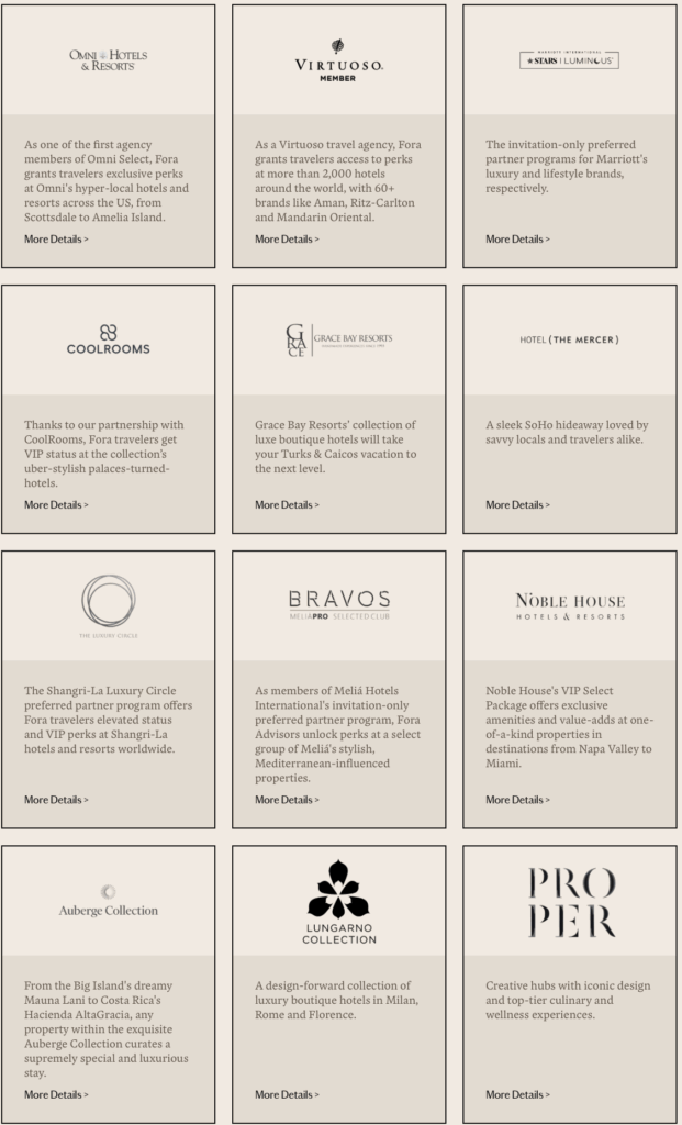 Esta imagen es una cuadrícula de doce cuadros, cada uno con el logotipo de una marca de hotel o resort diferente y una breve descripción de los beneficios o experiencias que ofrecen. Las marcas incluyen Omni Hotels & Resorts, Virtuoso, Marriott International, CoolRooms, Grace Bay Resorts, The Mercer, Shangri-La Luxury Circle, Meliá Hotels International, Noble House Hotels & Resorts, Auberge Collection, Lungarno Collection y Proper. cada caja lo tiene