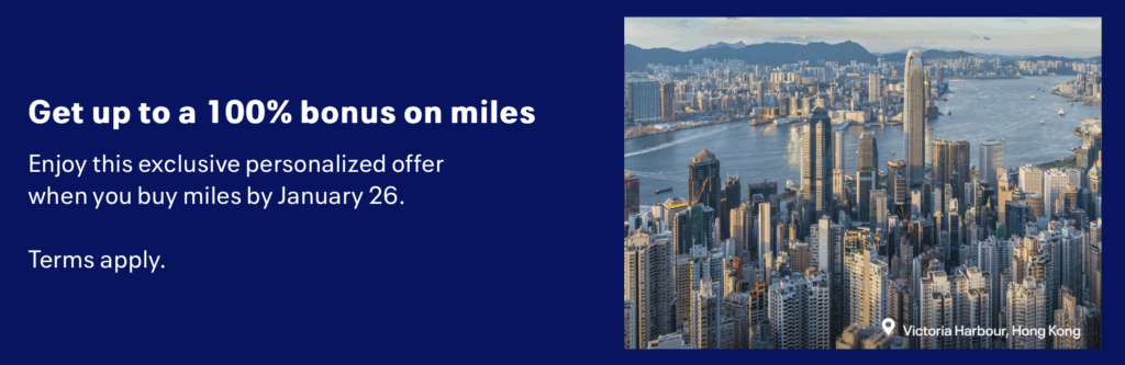 The image features a promotional banner with text on the left side that reads, "Get up to a 100% bonus on miles. Enjoy this exclusive personalized offer when you buy miles by January 26. Terms apply." On the right side, there is a photograph of a cityscape with tall buildings and a body of water, identified as Victoria Harbour, Hong Kong.