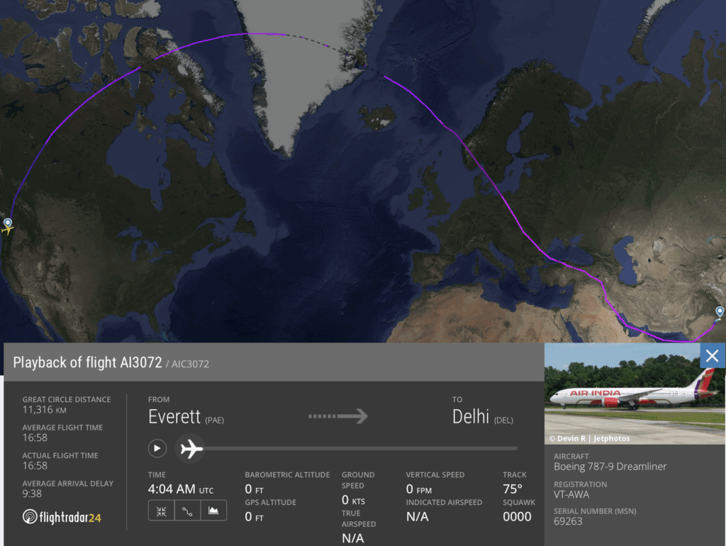 The image shows a flight tracking map from Flightradar24, displaying the route of flight AI3072 from Everett (PAE) to Delhi (DEL). The flight path is marked in purple, crossing over North America, the North Atlantic, and Europe. The bottom section provides flight details, including the great circle distance of 11,316 km, average flight time of 16:58, and actual flight time of 16:58. The aircraft is a Boeing 787-9 Dreamliner with registration VT-AWA. A small photo of an Air India plane is also visible.