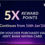 The image is an advertisement for HDFC Bank, promoting a reward points offer. It states "5X Reward Points" and mentions that the offer continues from 16th January 2026. The offer is applicable on voucher purchases via the HDFC Bank Infinia Card. The background is a dark blue with a gradient effect, and the HDFC Bank and SmartBuy logos are visible at the top corners. Terms and conditions apply, as noted in small text at the bottom.