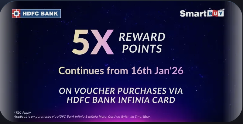 The image is an advertisement for HDFC Bank, promoting a reward points offer. It states "5X Reward Points" and mentions that the offer continues from 16th January 2026. The offer is applicable on voucher purchases via the HDFC Bank Infinia Card. The background is a dark blue with a gradient effect, and the HDFC Bank and SmartBuy logos are visible at the top corners. Terms and conditions apply, as noted in small text at the bottom.