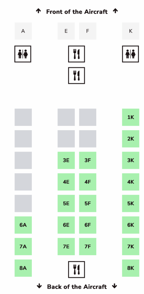 This image is a seating chart of an aircraft. It shows the layout of seats labeled with letters and numbers, indicating their positions. The chart includes sections for restrooms and galleys, marked with icons. The front and back of the aircraft are labeled with arrows. The seats are arranged in columns labeled A, E, F, and K, with some seats highlighted in green.