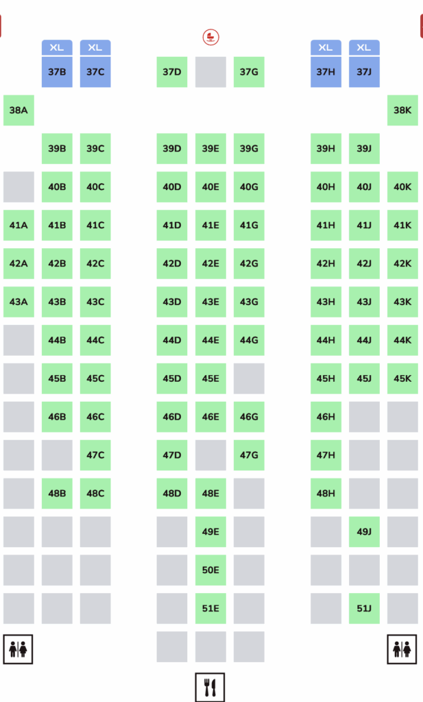 The image shows a seating chart with rows labeled from 37 to 51 and columns labeled with letters A to K. Some seats are marked in green, indicating availability, while others are gray, indicating they are unavailable. There are icons at the bottom representing restrooms on the left and right sides, and a dining area in the center. Some seats in the top row are marked with "XL" in blue.