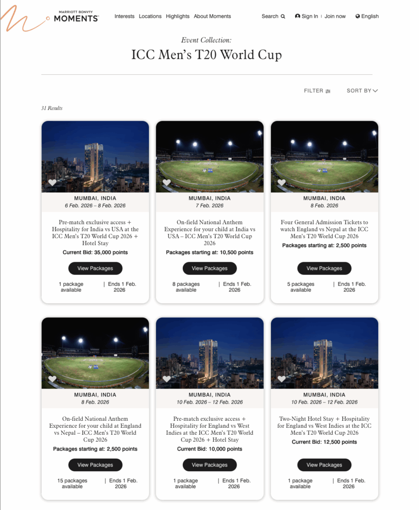 The image is a webpage from Marriott Bonvoy Moments featuring event packages for the ICC Men's T20 World Cup. It shows six different packages available in Mumbai, India, with dates ranging from February 6 to February 12, 2026. Each package includes details such as the type of experience (e.g., pre-match hospitality, on-field national anthem experience), starting points for bidding, and the number of packages available. The packages offer experiences like exclusive access, hotel stays, and general admission tickets for various matches. The page includes options to view more details about each package.